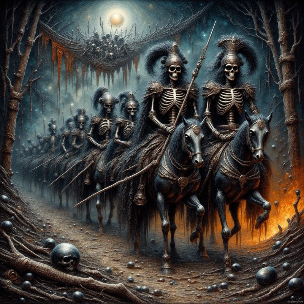 Skeleton Warriors Marching to War in Ominous Landscape