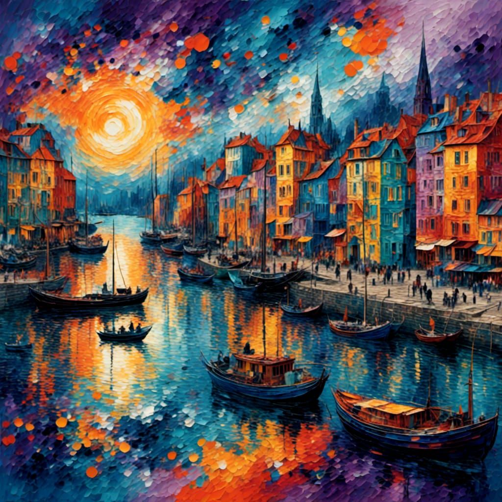 Futuristic Harbor Sunset in Impressionist Style
