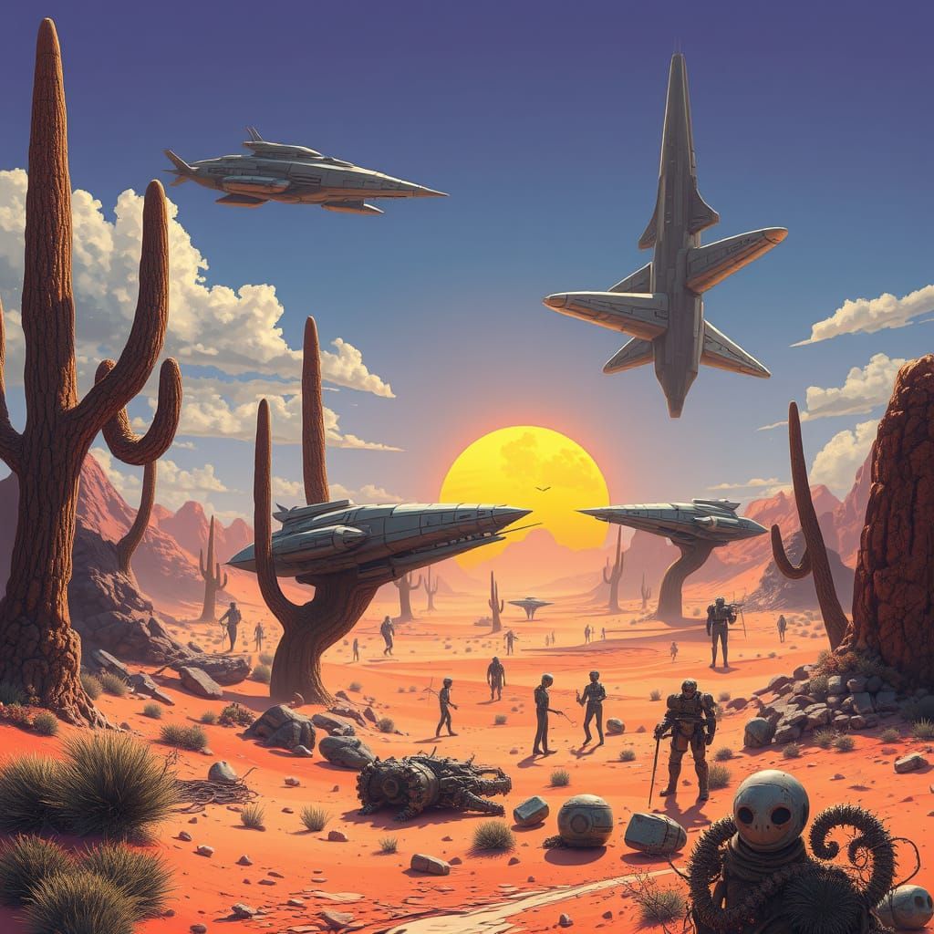 Surreal Desert World with Spaceships: Sci-Fi Art