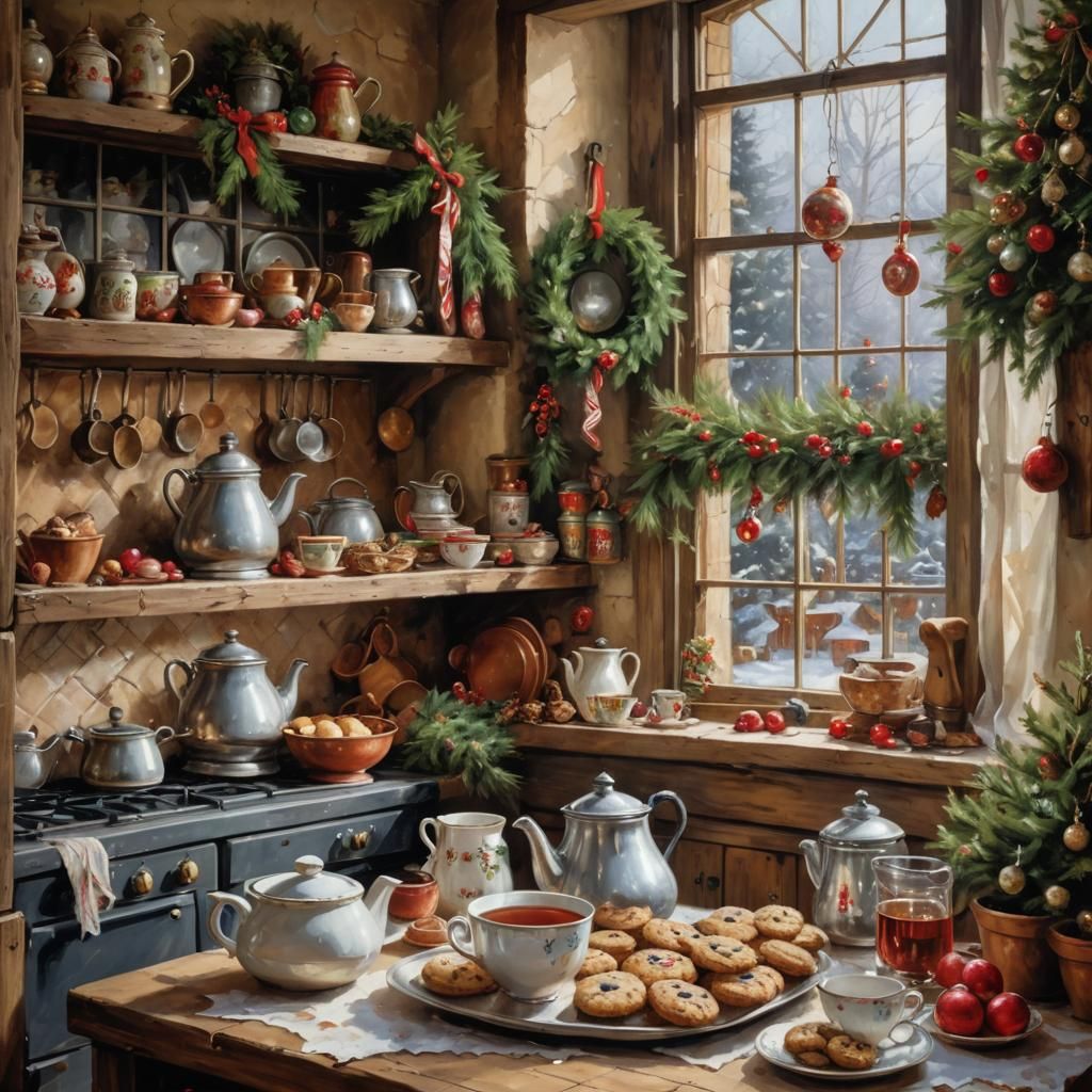 Vintage Christmas Kitchen with Cookies, Rustic Charm