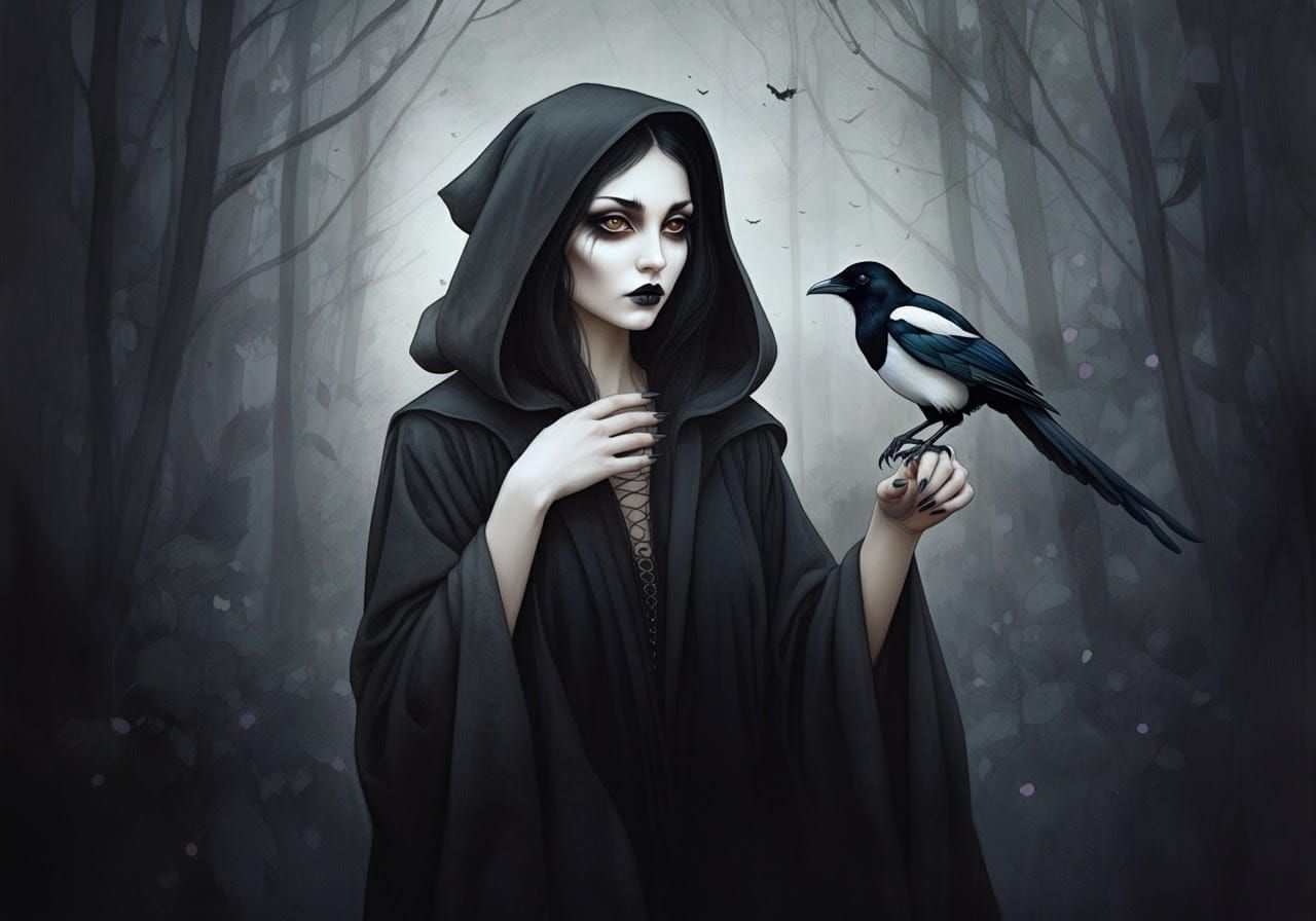 Mystical Witch in Forest, Impressionist Watercolor