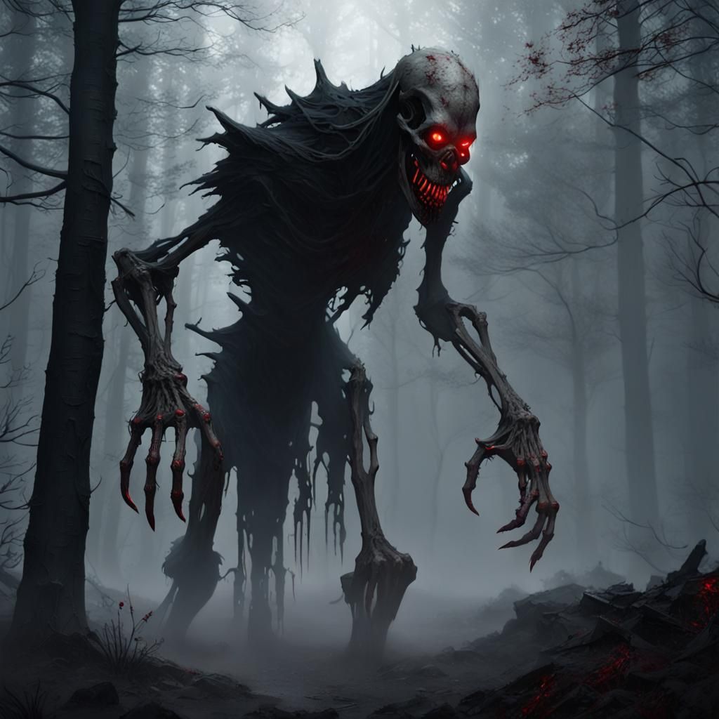Towering Skeletal Creature in Misty Woods