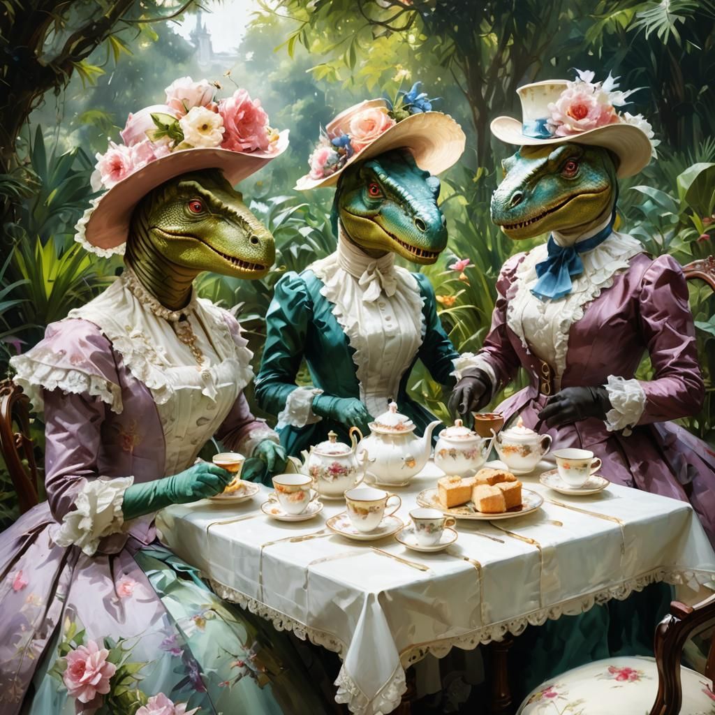 Victorian Dinosaur Tea Party: Detailed Fine Art