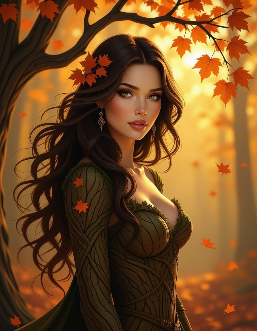 Brunette Tree Woman in Golden Hour Forest Light