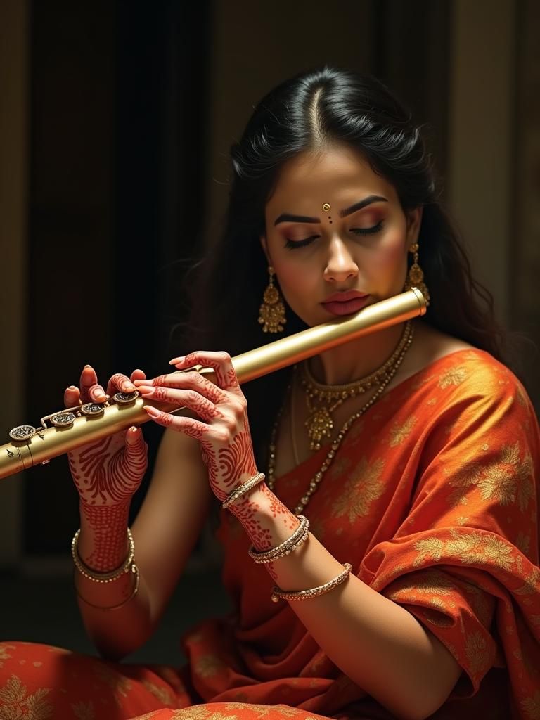 Indian Woman Playing Flute in Ethereal Lighting