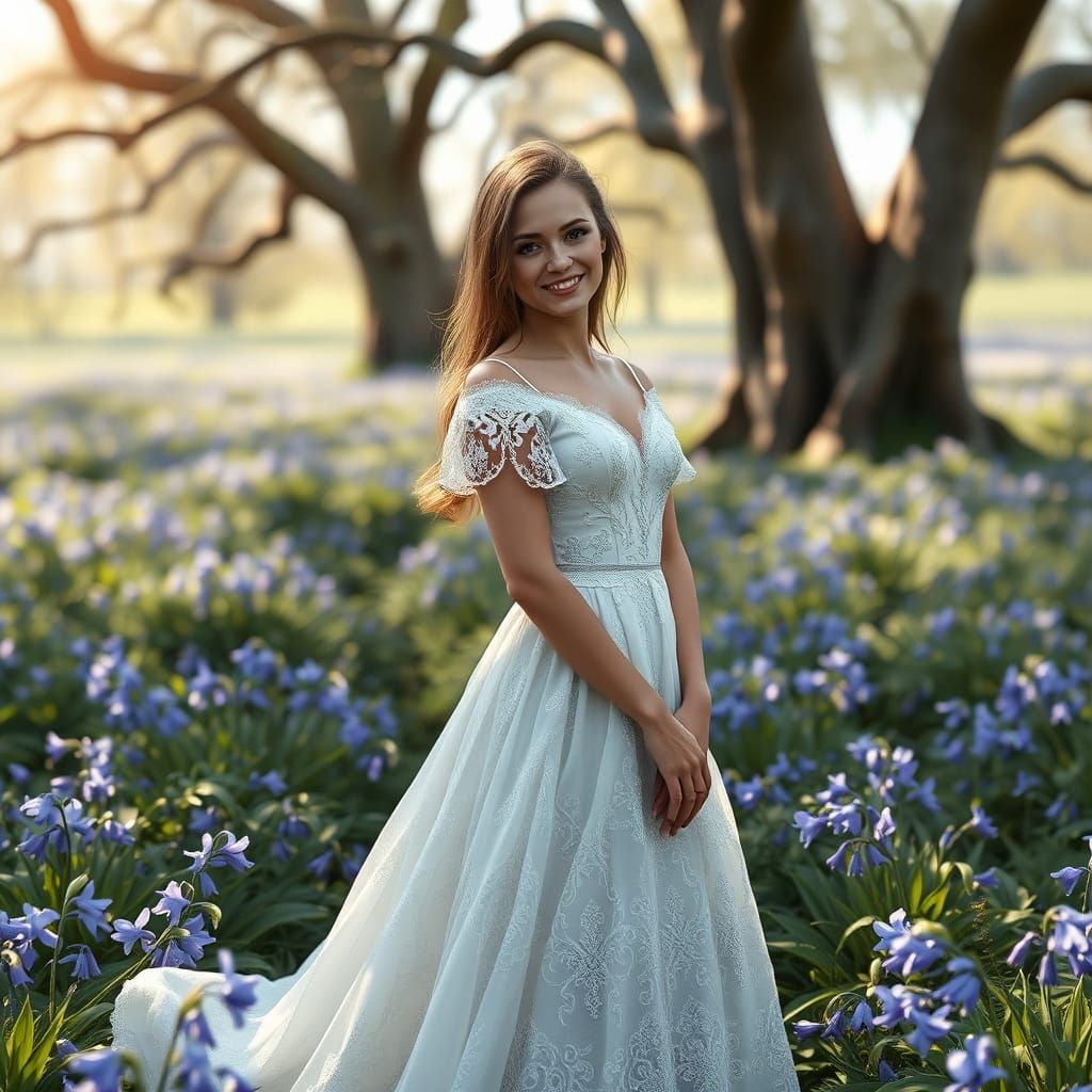 Dreamlike Bluebell Maiden in Whimsical Landscape