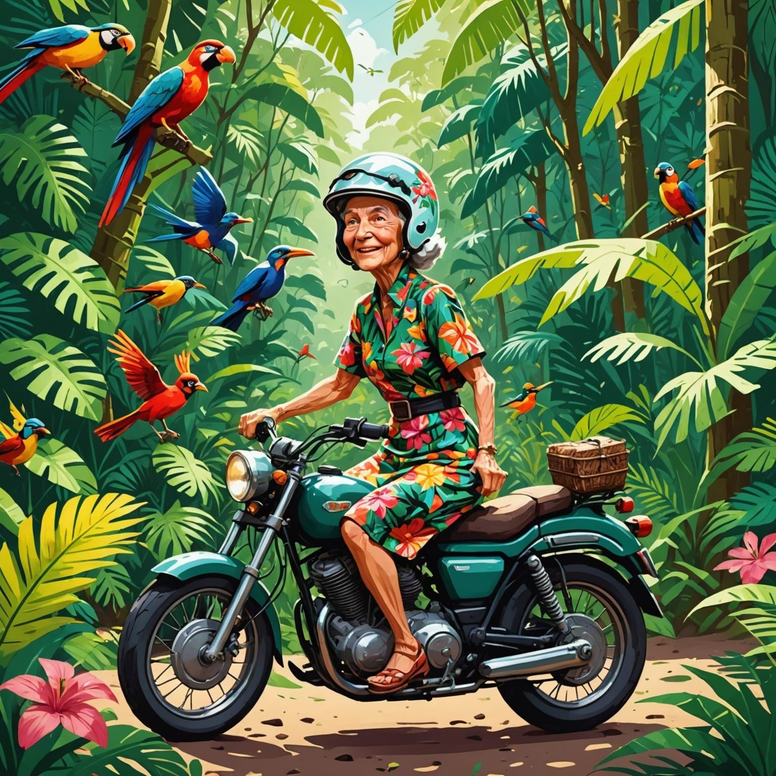 Adventurous Elderly Woman Rides Motorcycle Through Tropical ...