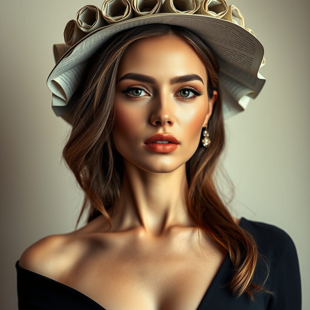 Editorial Portrait of Woman Wearing Book Page Hat