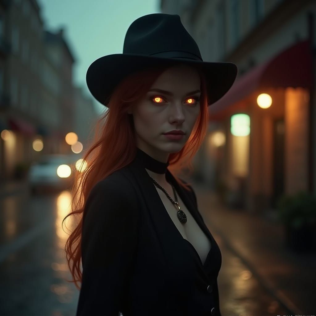 Elegant Woman Stands on Dark City Street in Noir Style