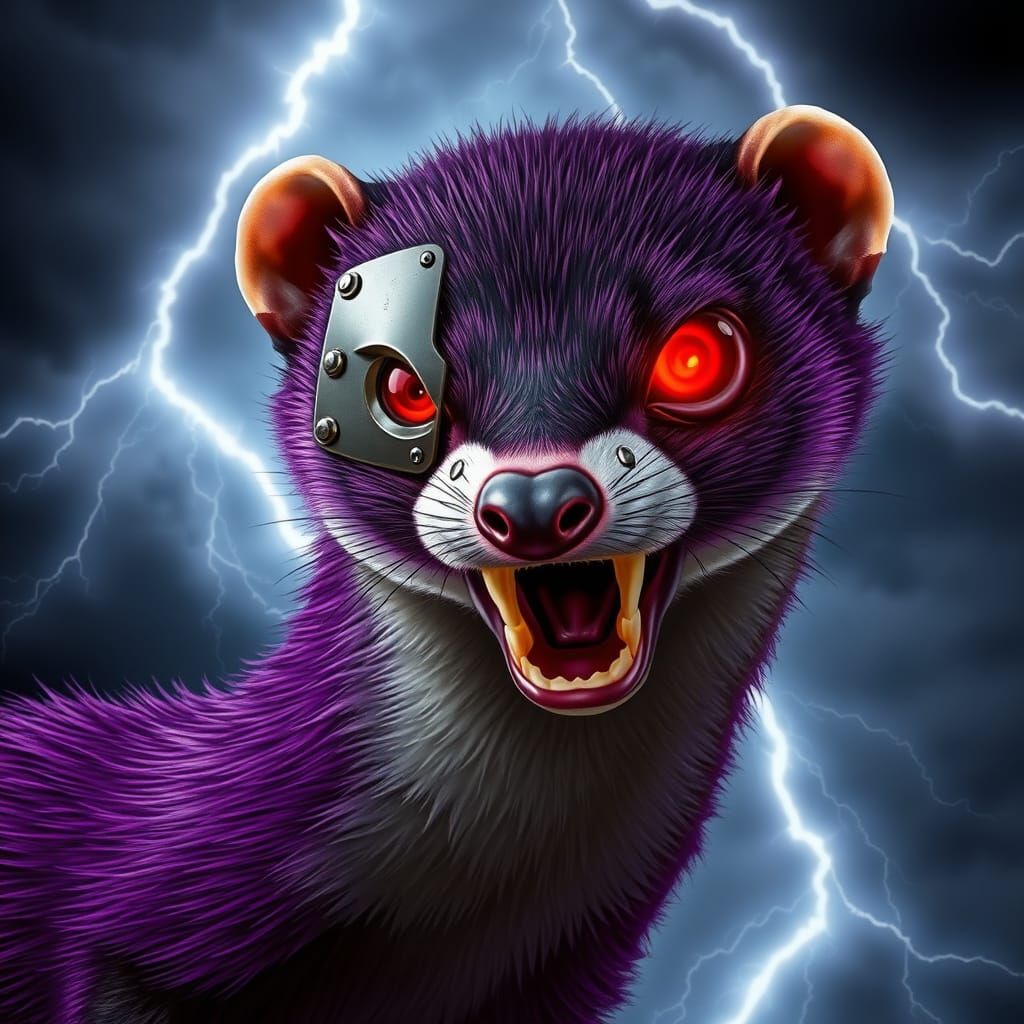 Cyborg Least Weasel Menacing with Fierce Red Eyes and Metall...