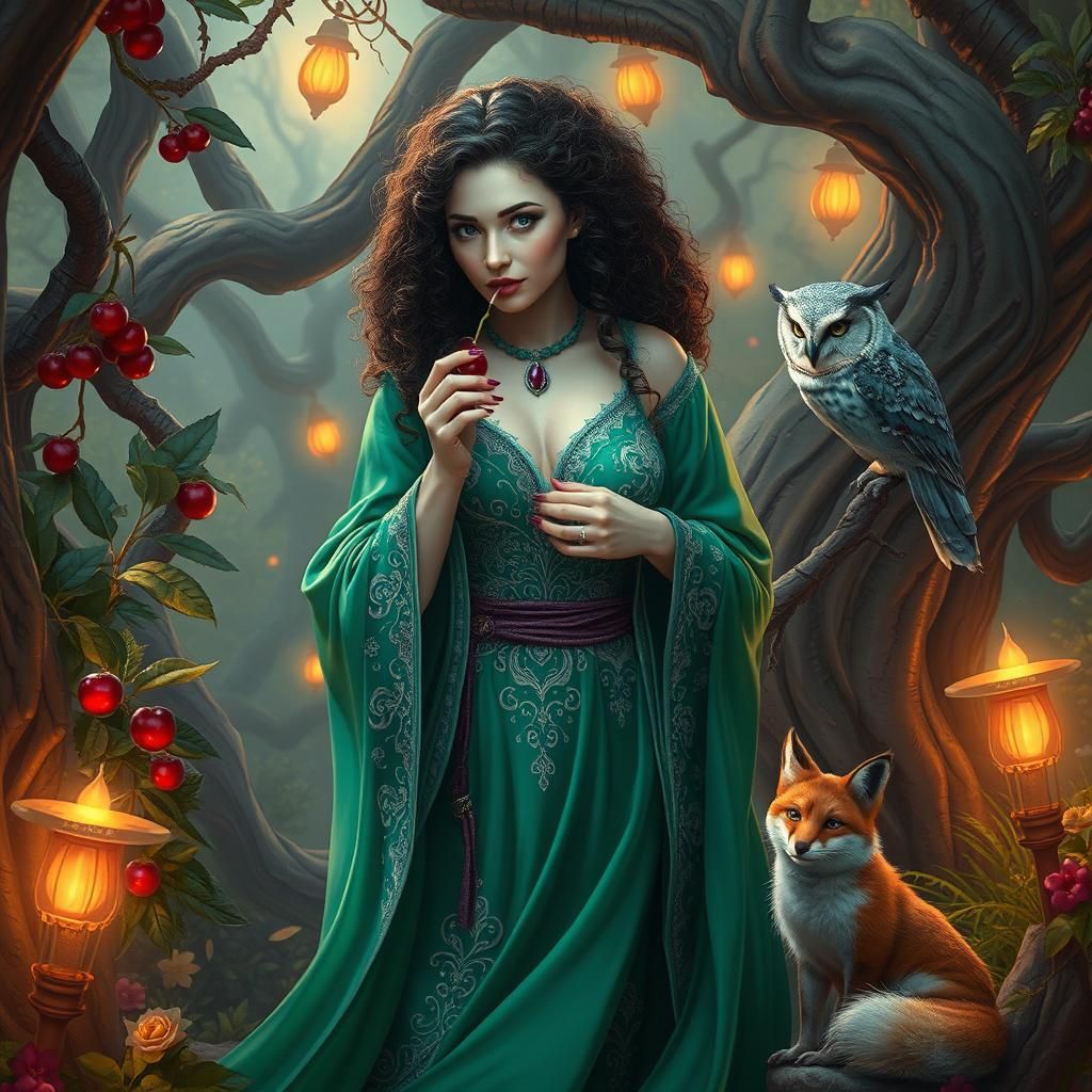 Enchanted Forest Sorceress with Berries, Dreamlike Art