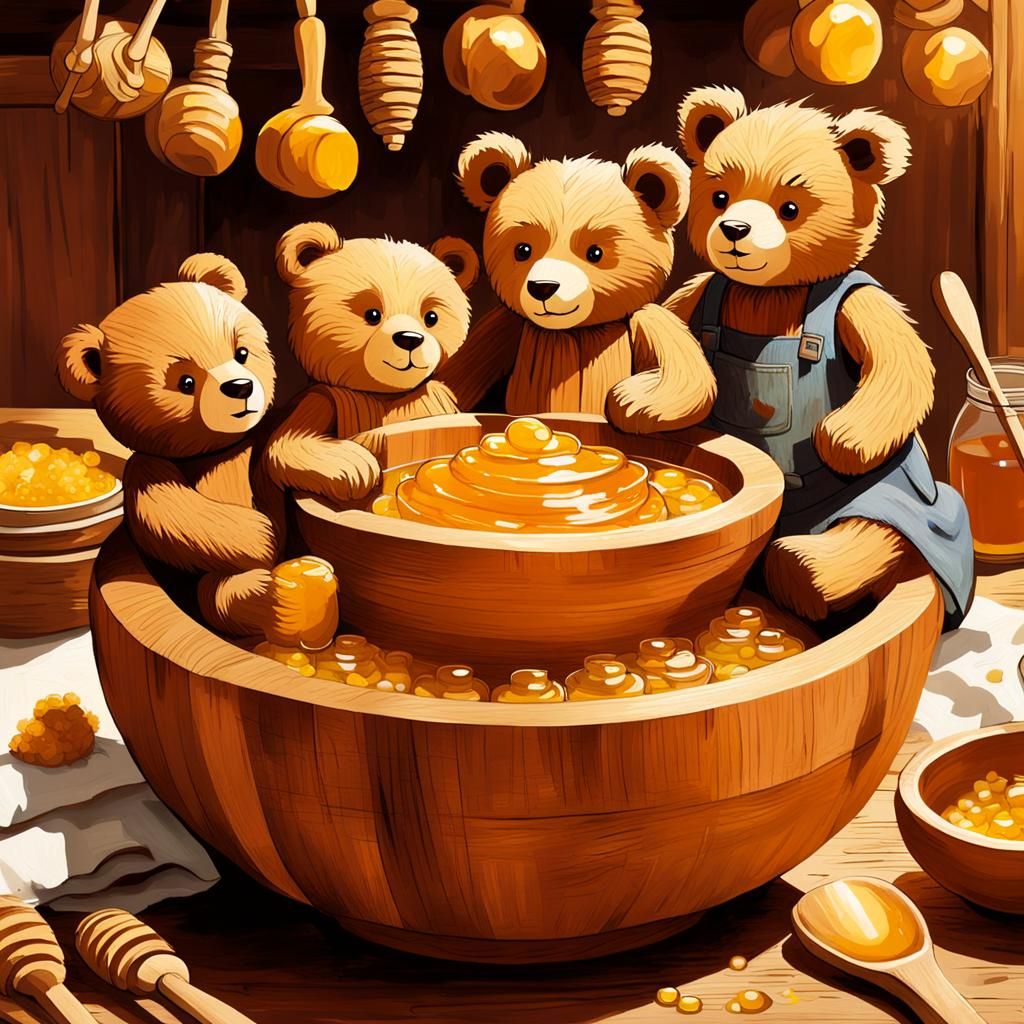Teddy Bears' Honey Feast in Folk Art Style