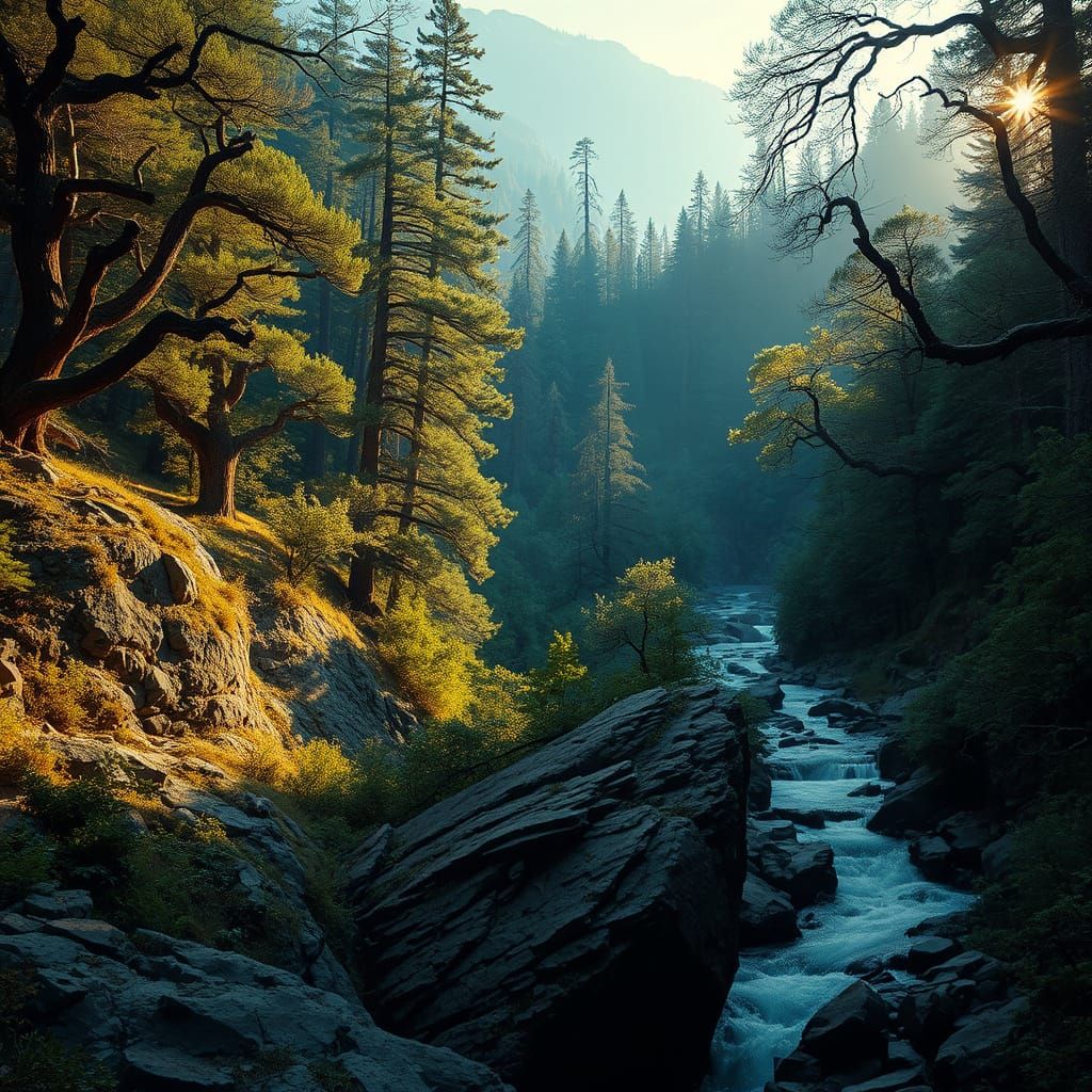Valley Stream at Dawn in Digital Matte Painting Style