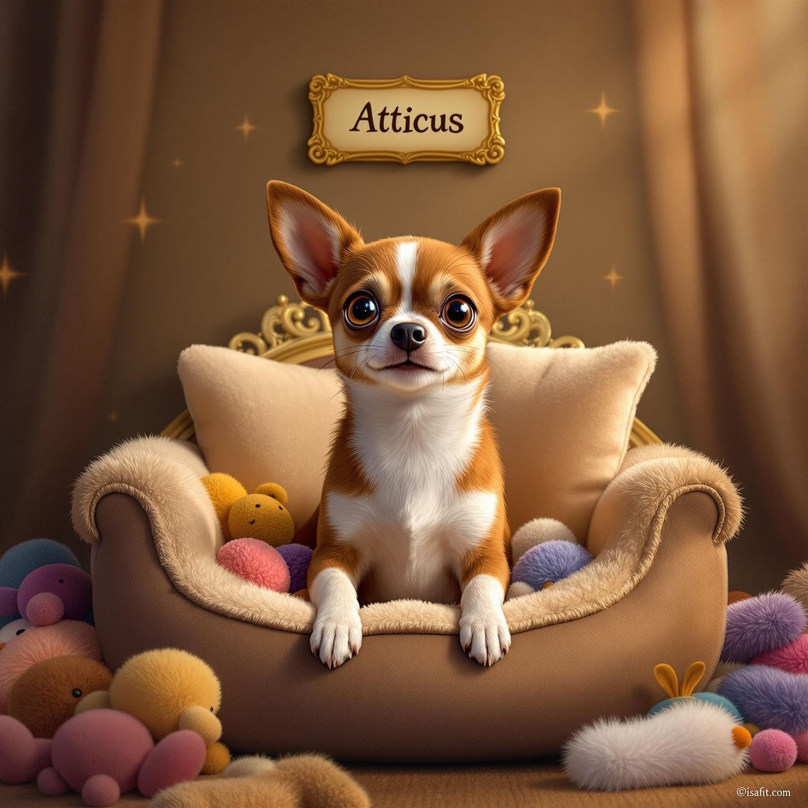 Regal Chihuahua Surrounded by Plush Toys in Cozy Kingdom