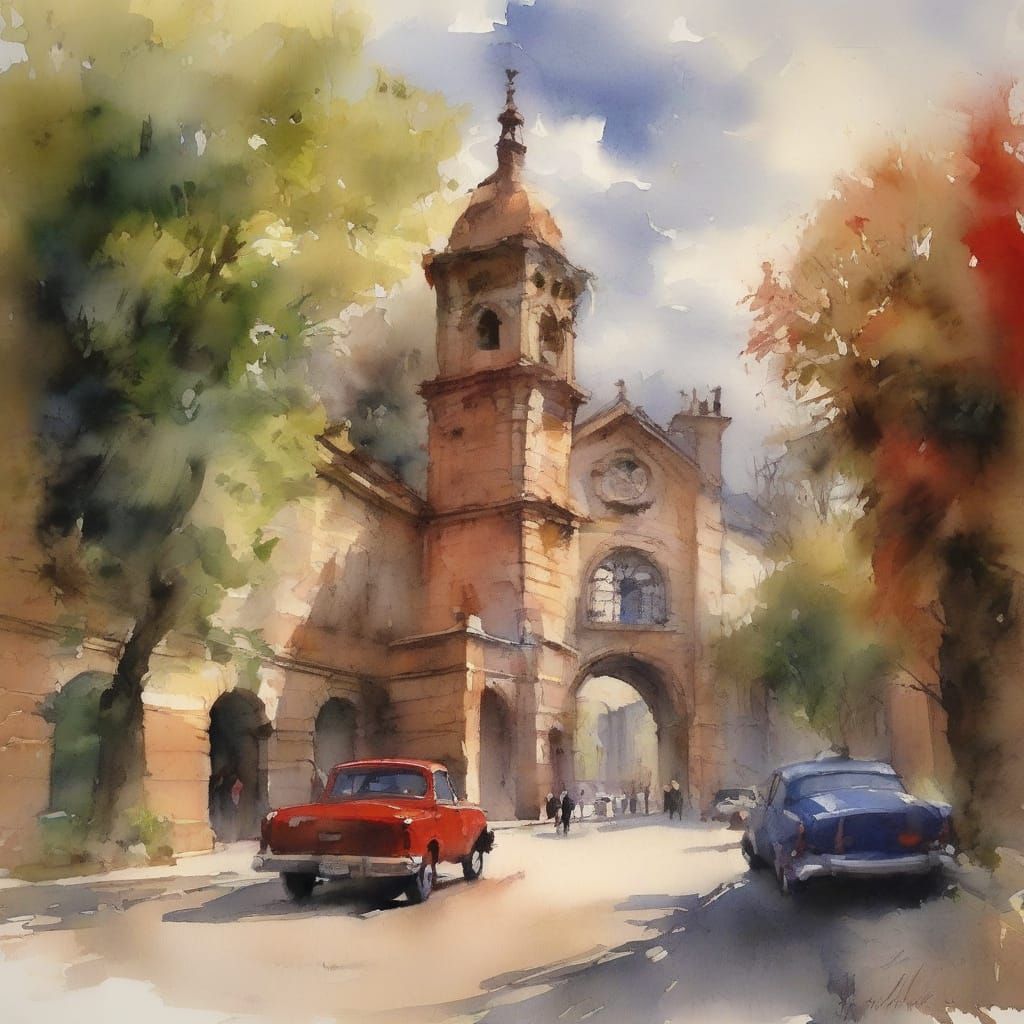 Ethereal Ancient Cityscape in Vibrant Watercolour