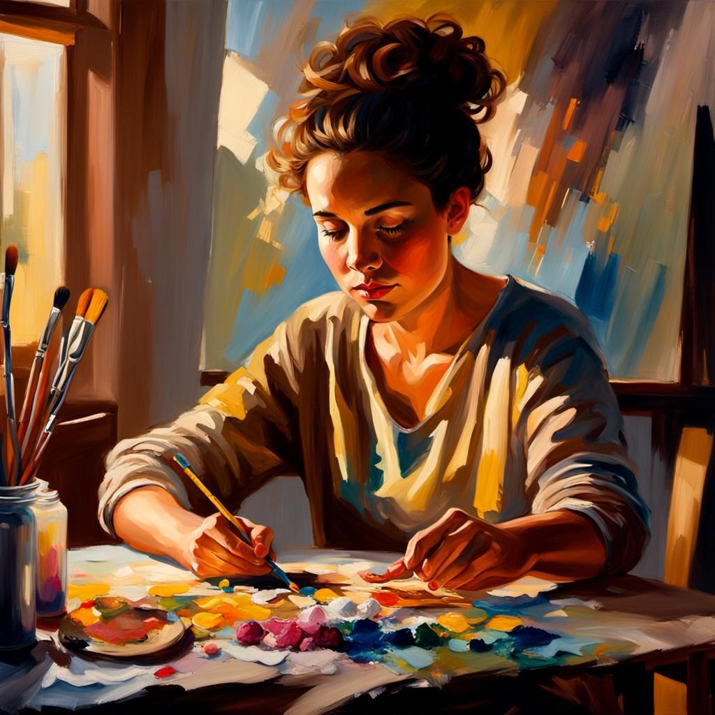 Beauty in the Studio: A Warm Oil Painting of a Creative Mome...
