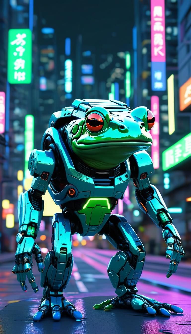 Cyberpunk Mecha Frog on Neon City Street