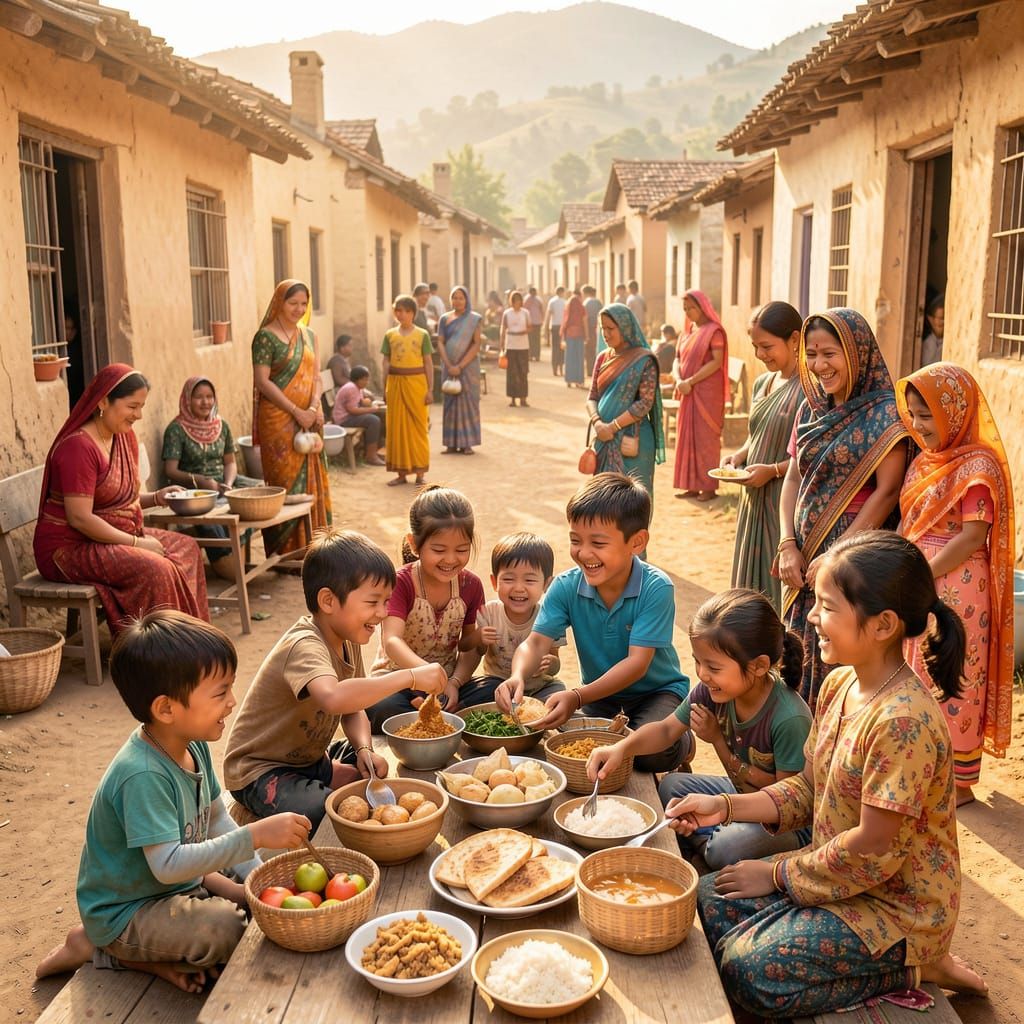 Children Share Food With Hungry Villagers in Joyful Scene