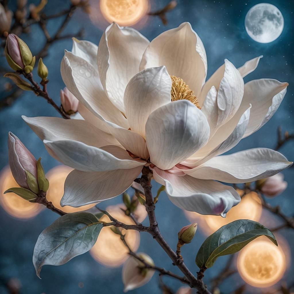 Magnolia Flower Bathed in Blue Super Moon Light