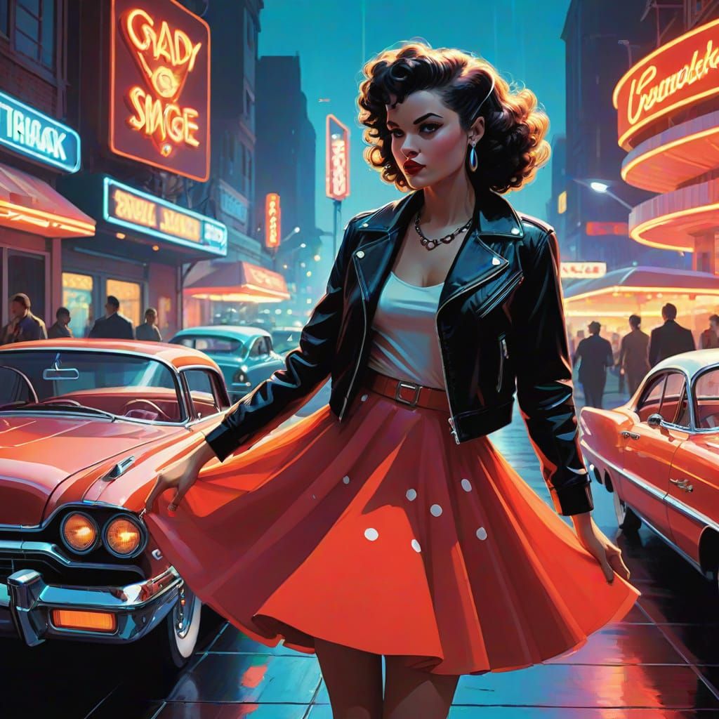 Rockabilly Goddess in Neon-Lit Retro Nightclub