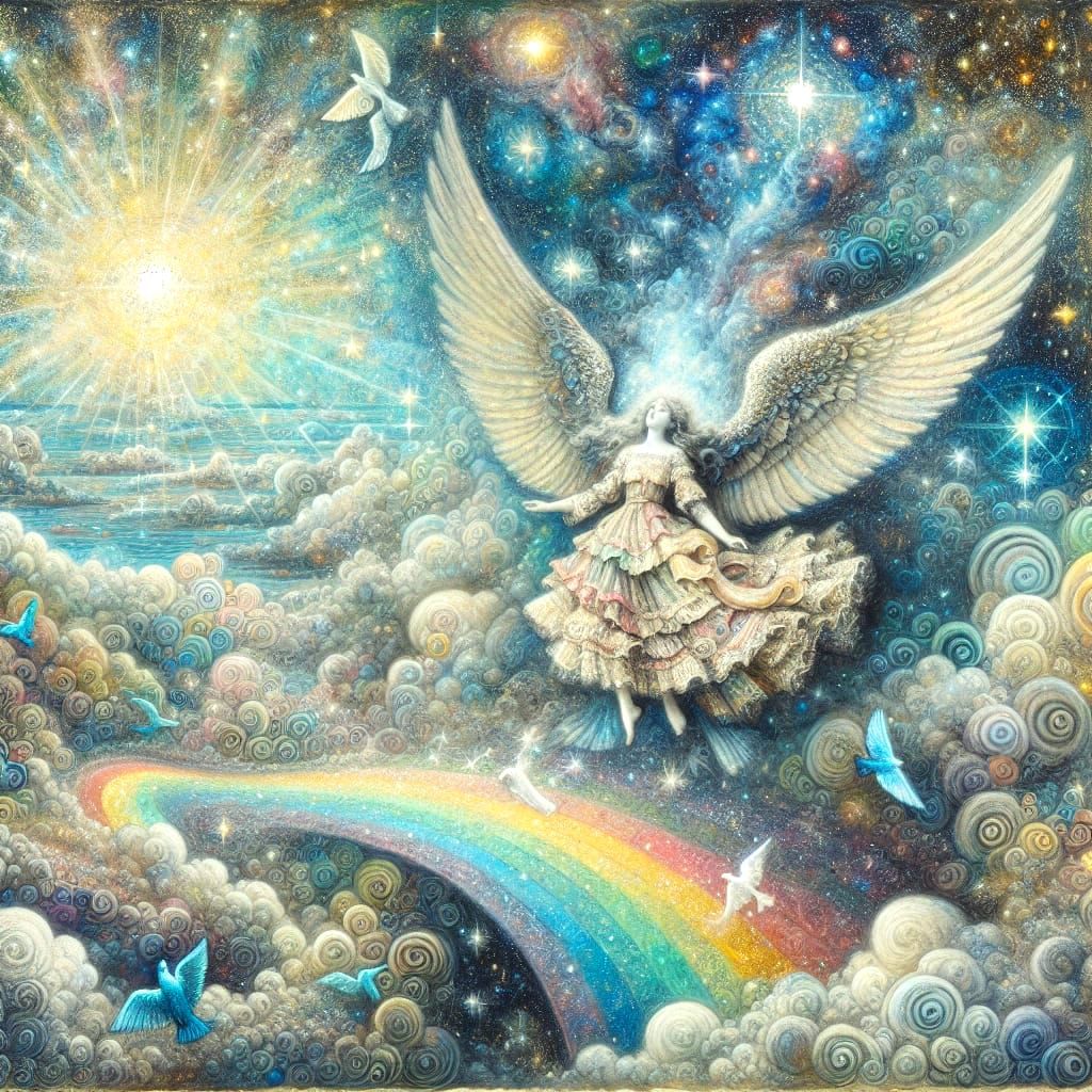 Whimsical Angel Soars Above a Sparkling Rainbow