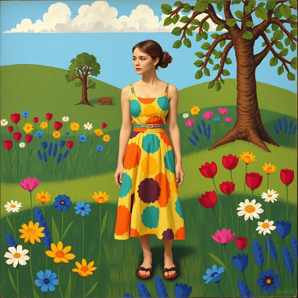 Whimsical Woman in a Colorful Meadow, Naive Art Style