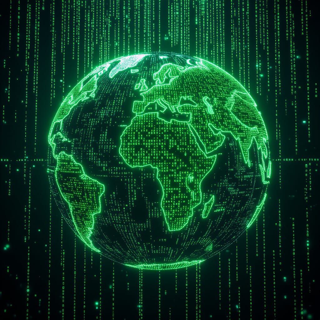 Glowing Green Digital Earth in Cybernetic Style