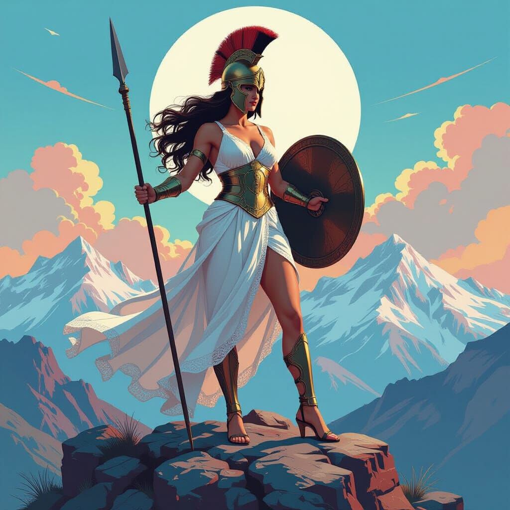 Athena, Goddess on a Mountain, Polychromatic Art