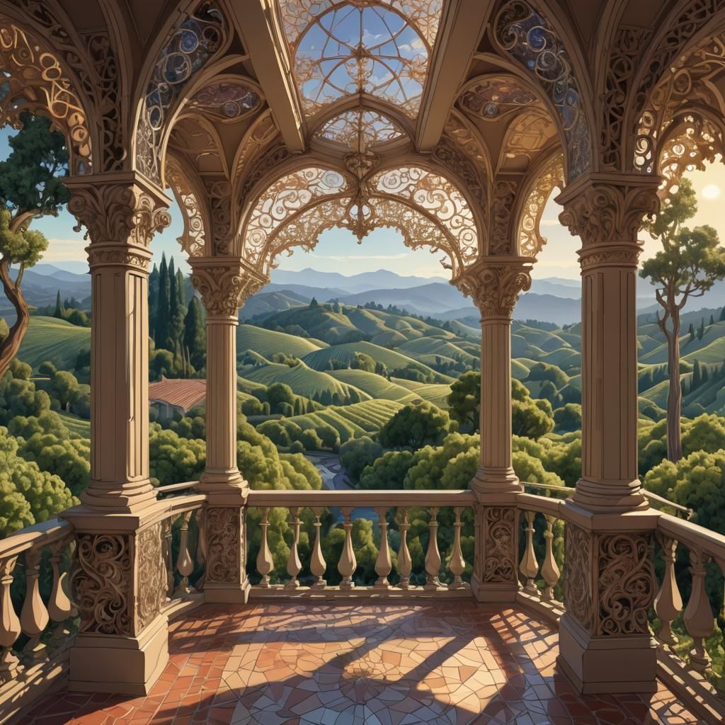 Extremely opulent mansion balcony looking out on Napa Valley...