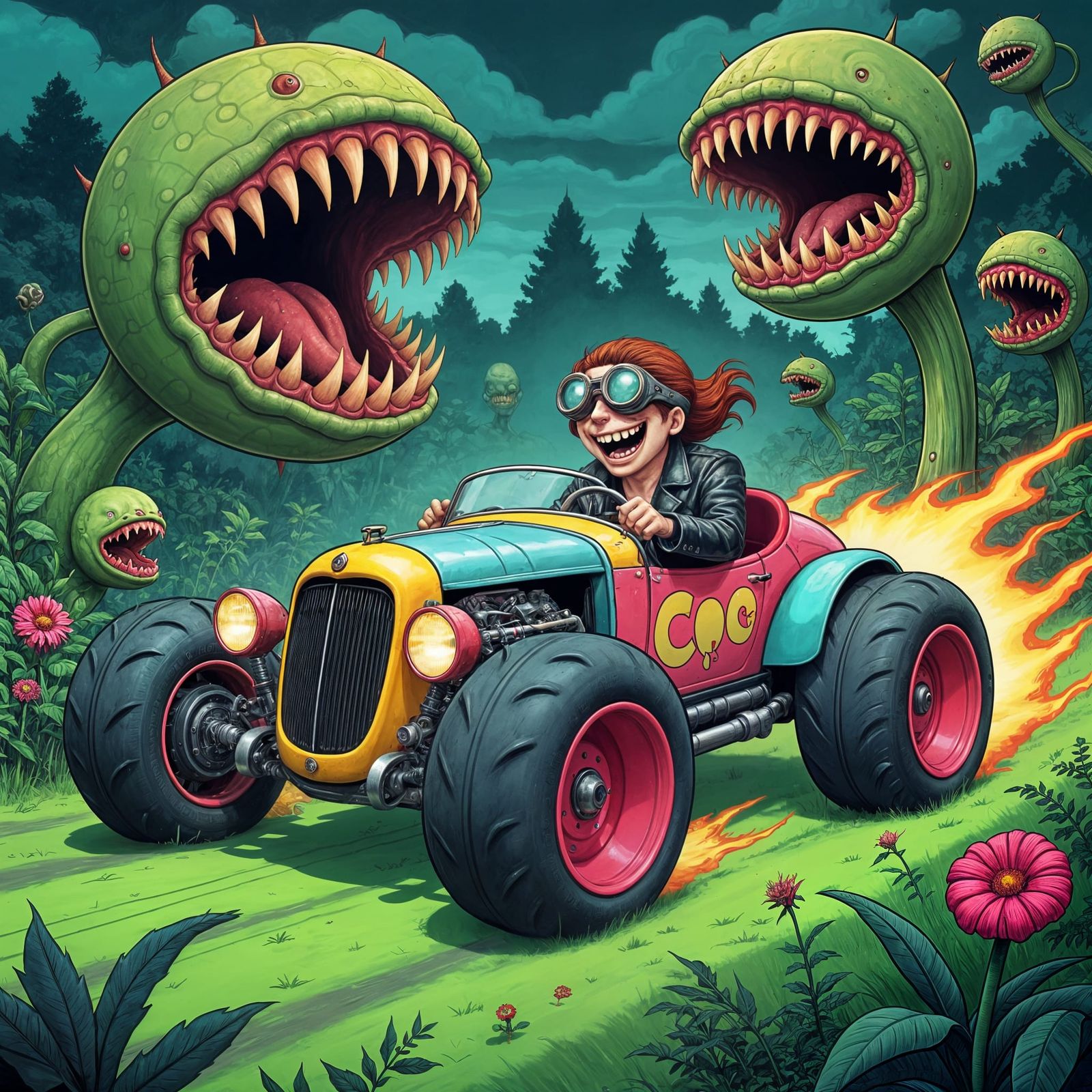Cartoon Car Escapes Man-Eating Garden in Dark Fantasy Style
