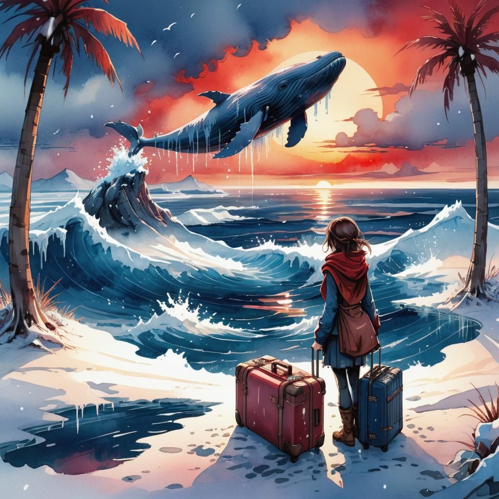 Frozen Whale on Snowy Beach, a Woman's Emotional Journey
