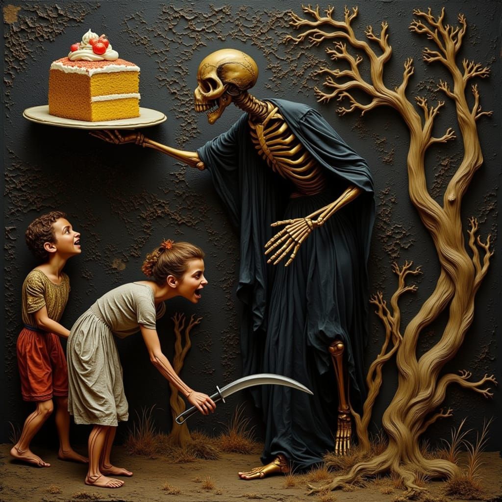 Grim Reaper Offers Cake or Death Surrealist Painting