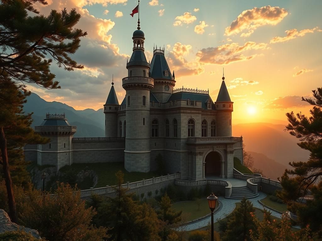 Opulent Art Deco Medieval Castle Sunset Landscape