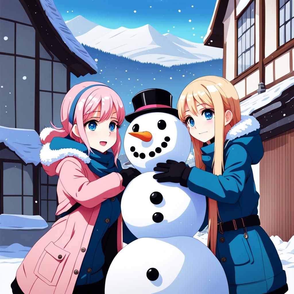 Anime Girls Building Snowman in Winter Clothes