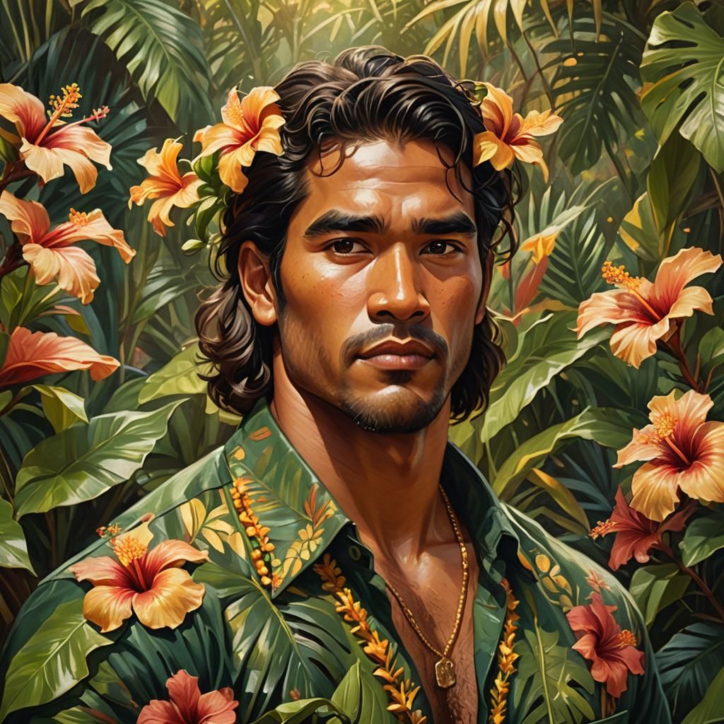 Hawaiian Kahuna Portrait in Lush Tropical Setting