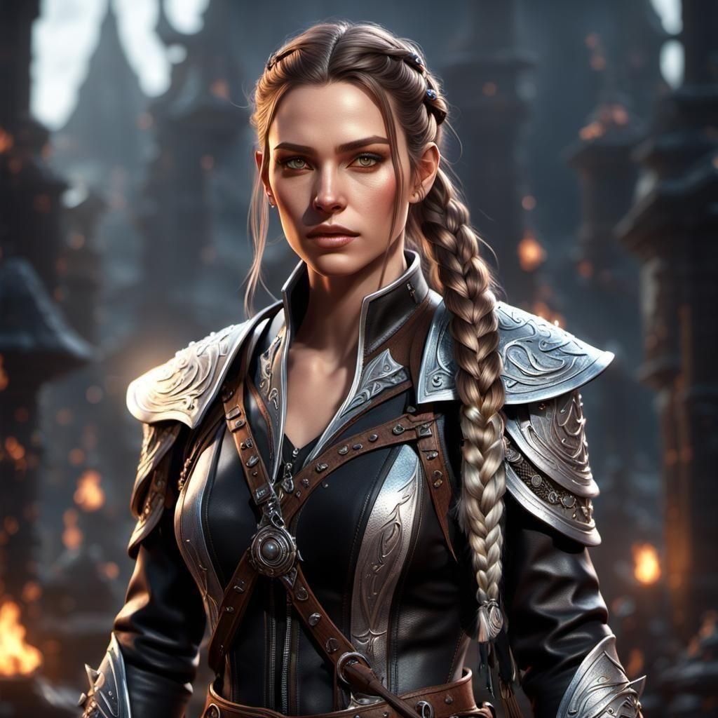 Fantasy Woman Warrior in Black Leather Armor