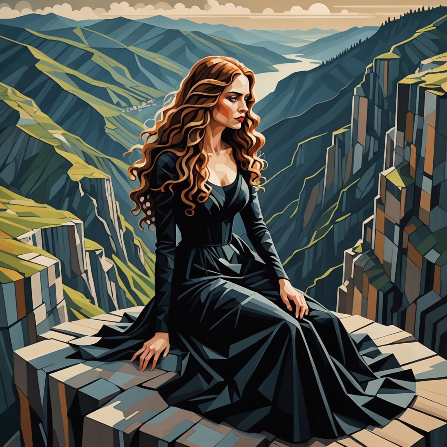 Gothic Woman on Mountain in Cubist Art Deco Style