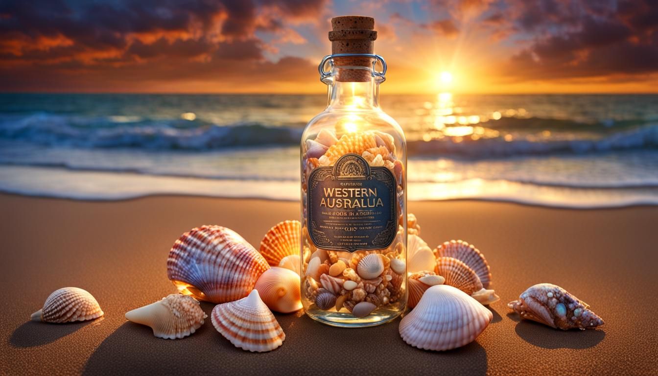 Iridescent Seashells in a Bottle at Sunset