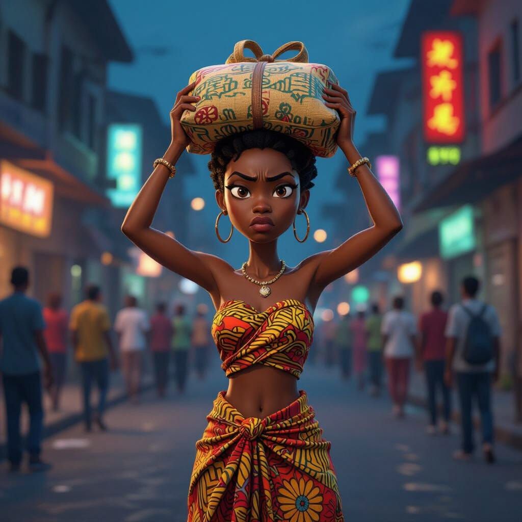 Defiant Woman in Yaba Street: Pixar-Style 3D Animation