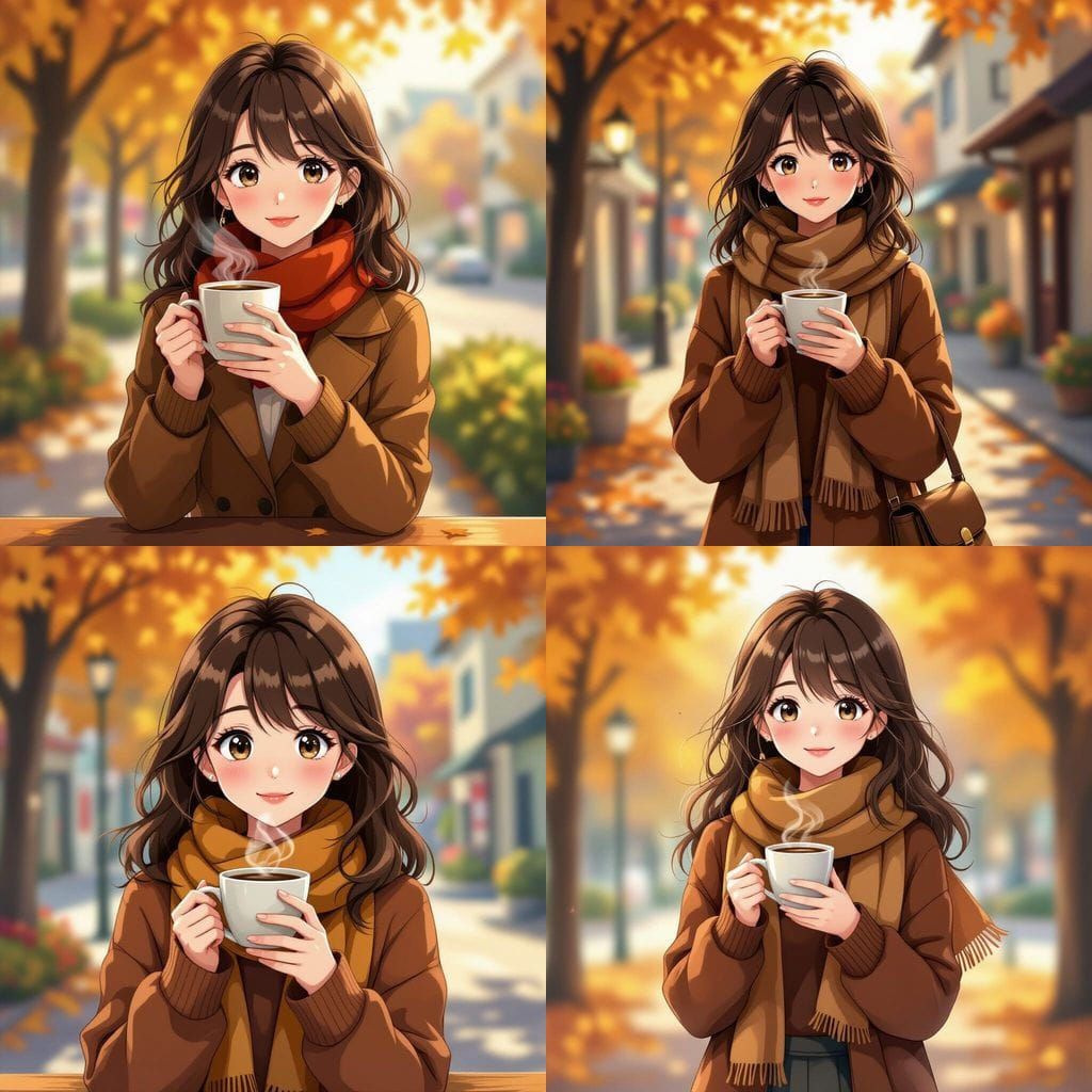 Cute Anime Woman in Autumn Outfit Holding Coffee