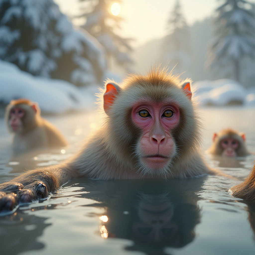 Snow Monkey Family in Hot Spring, Nostalgic Portrait