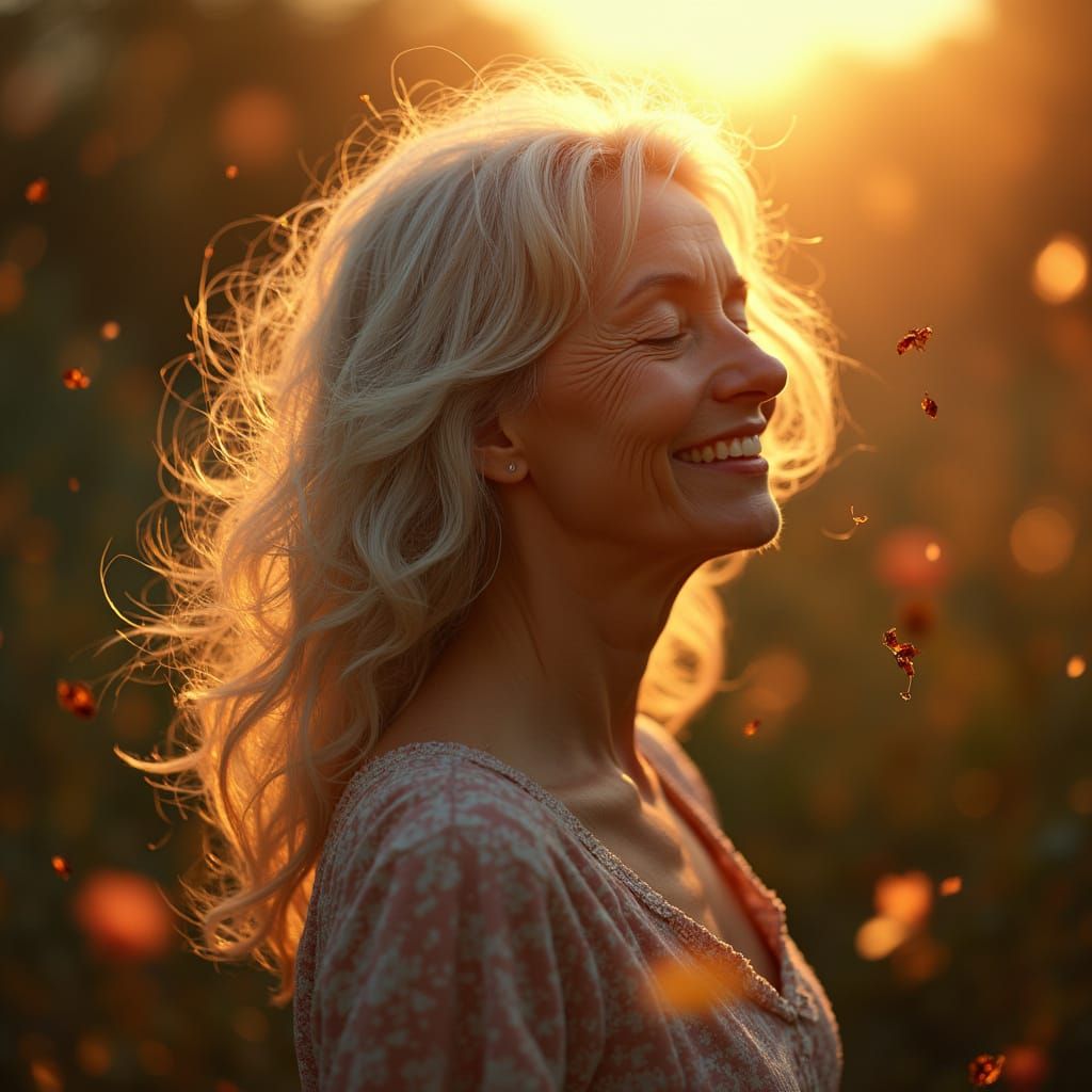Serene Golden Hour Portrait of a 50-Year-Old Woman Dancing