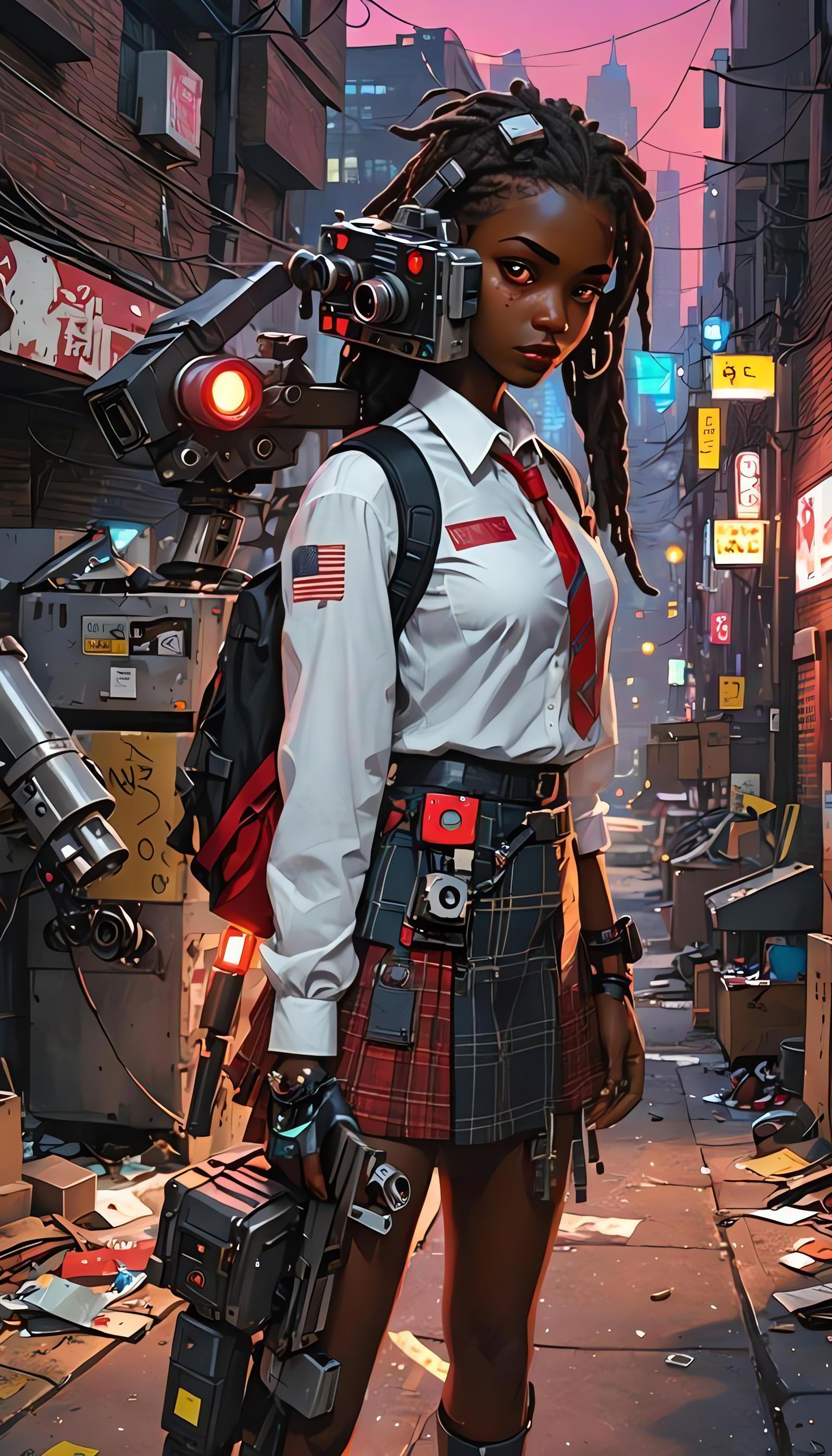 Cyberpunk Cyborg Schoolgirl in Neon Alley