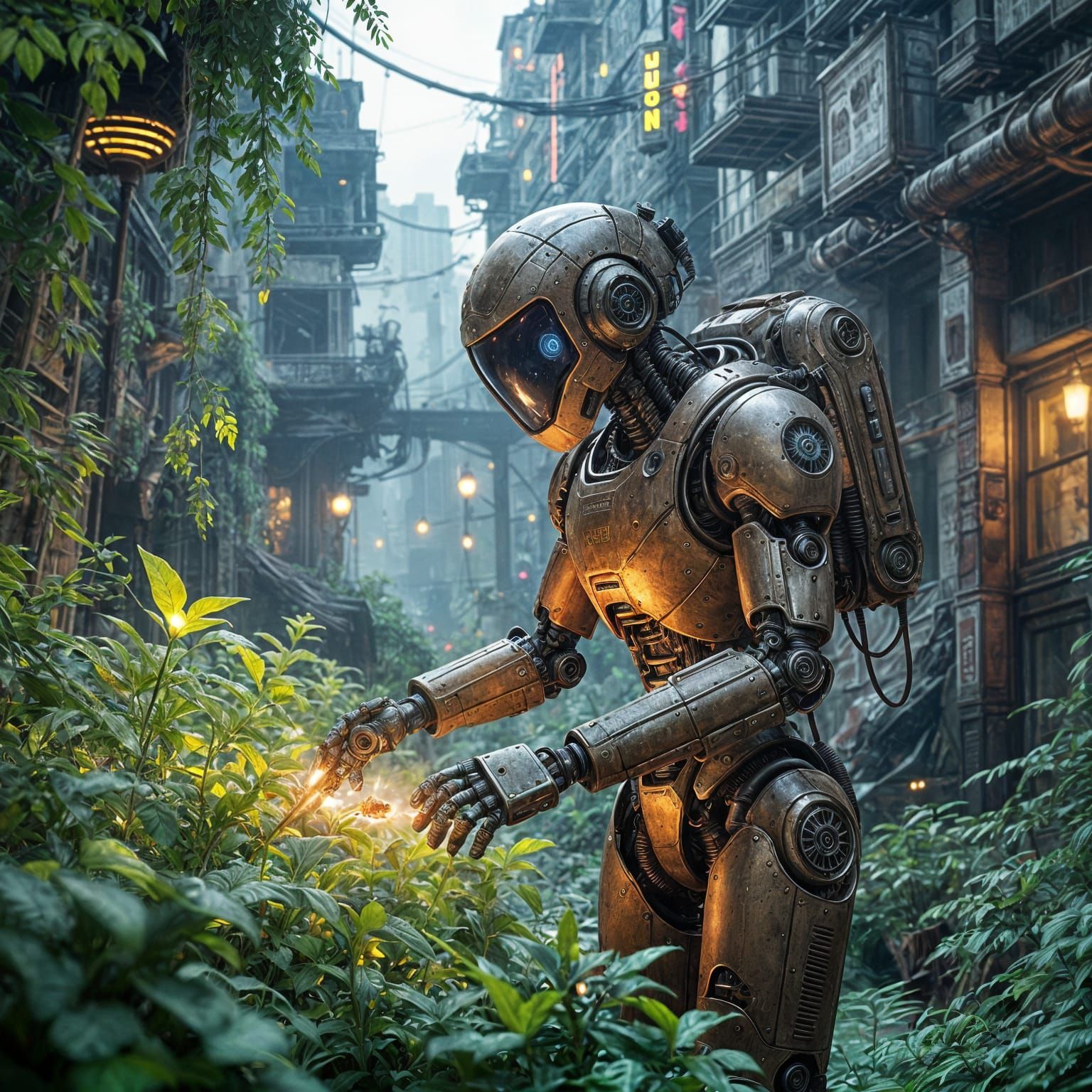 Robot Gardener in Steampunk City: Digital Matte Painting