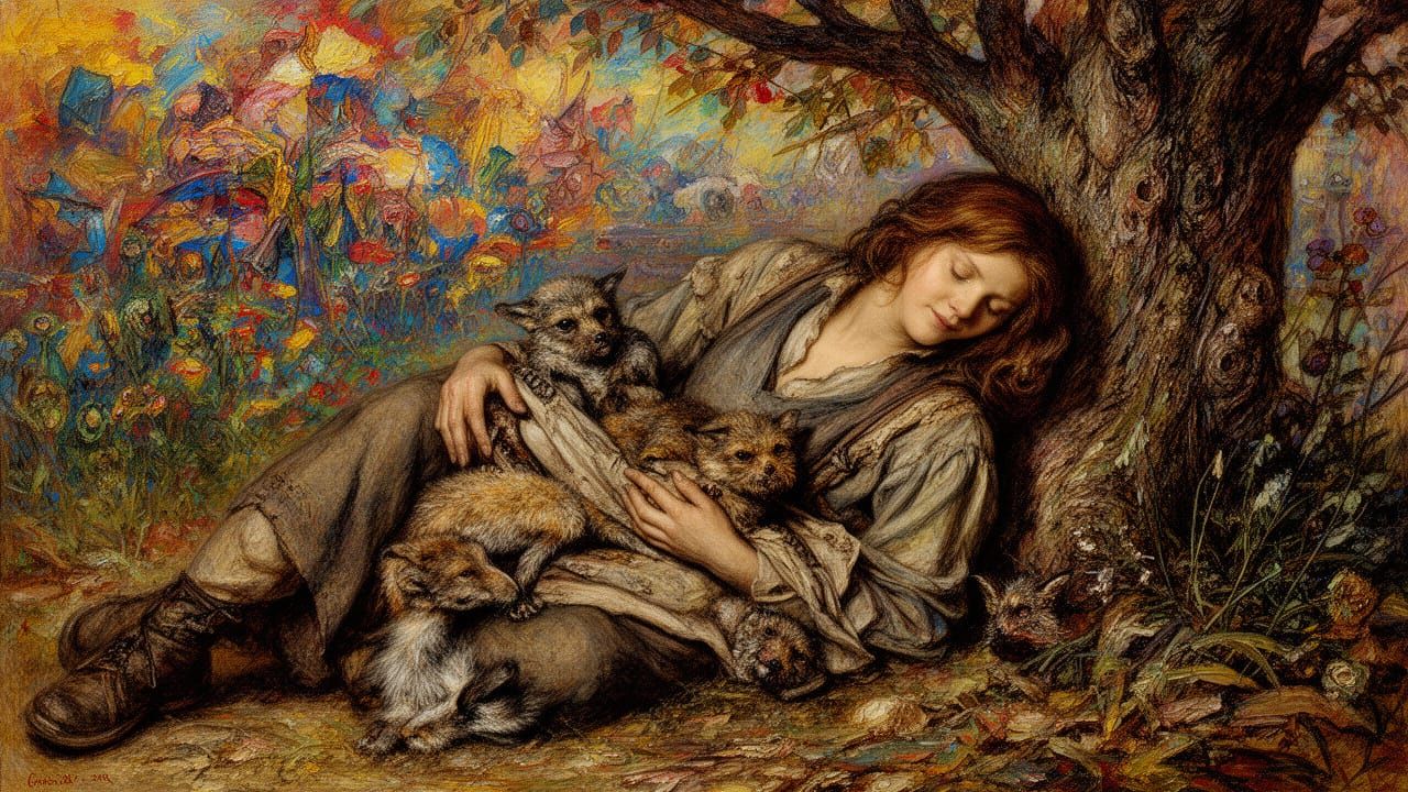 Vibrant Scene of Woman Resting with Animals, Expressive Brus...