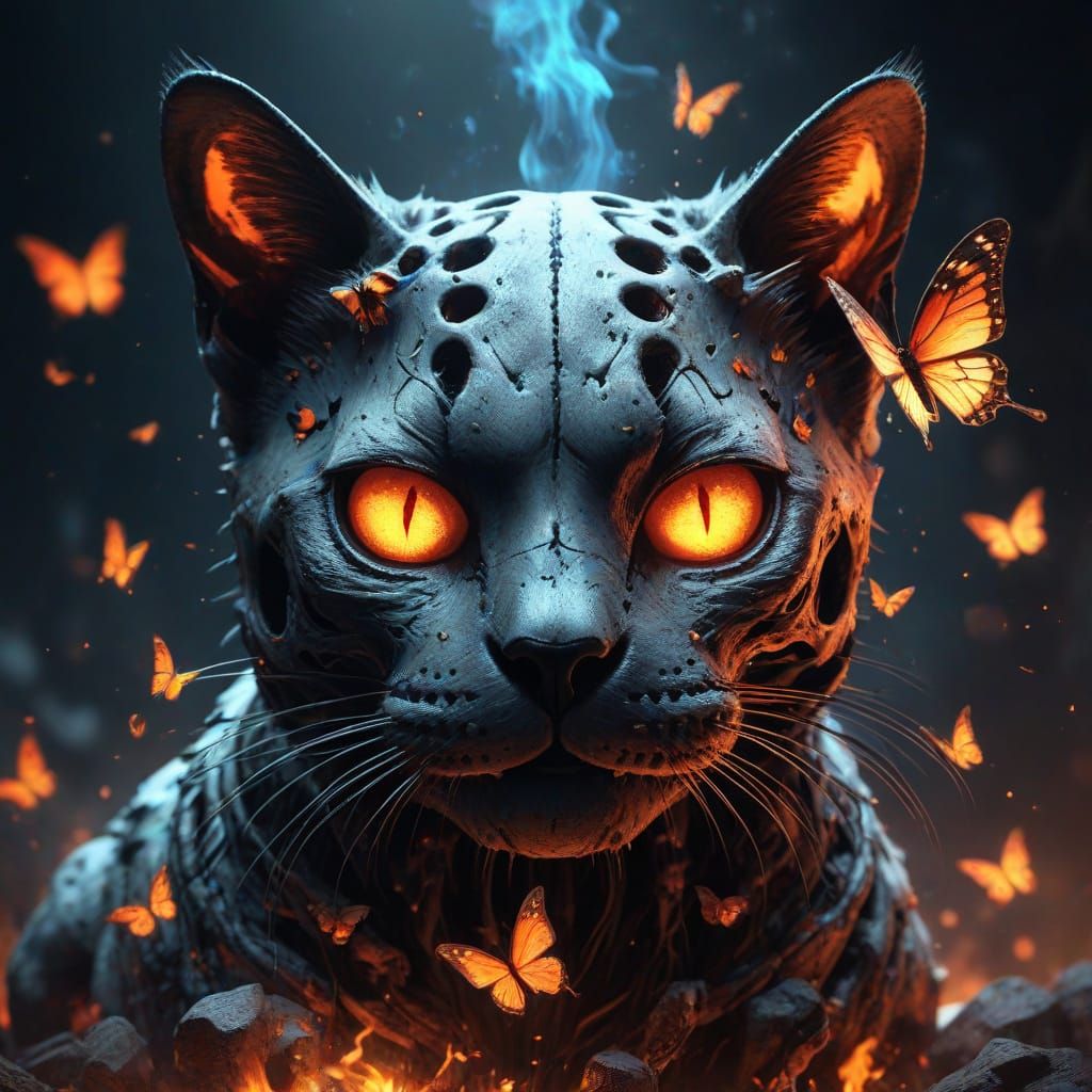 Surreal Skull Scene with Cat and Butterflies in Fiery Settin...