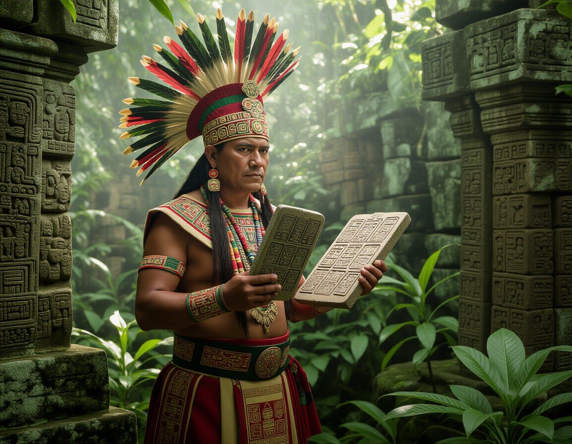 Mayan Priest Statue Holding Hieroglyphic Tablets
