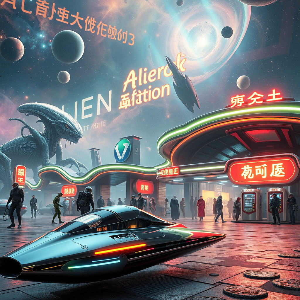 Vibrant Alien Gas Station in Luminous Nebula