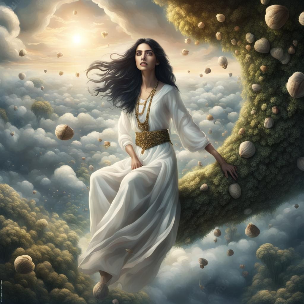 Goddess with Black Hair Floating in the Sky