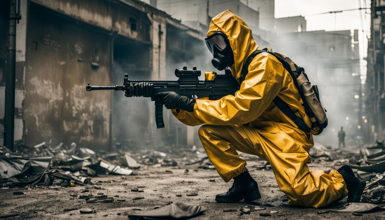 Hazmat Vigilante in Abandoned Cityscape